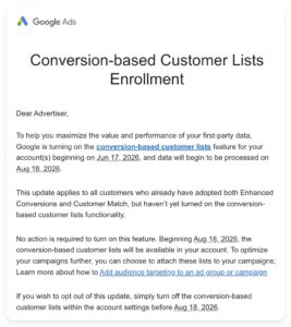 Google Ads automatically enrols advertisers in conversion-based customer lists